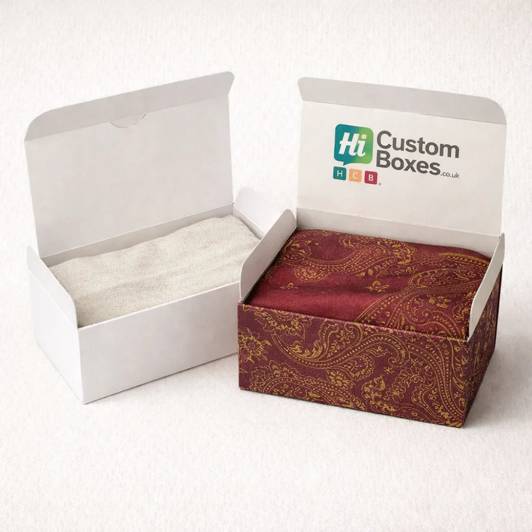 Two open flip-top boxes containing fabric- one plain white and one with a maroon paisley pattern- class=